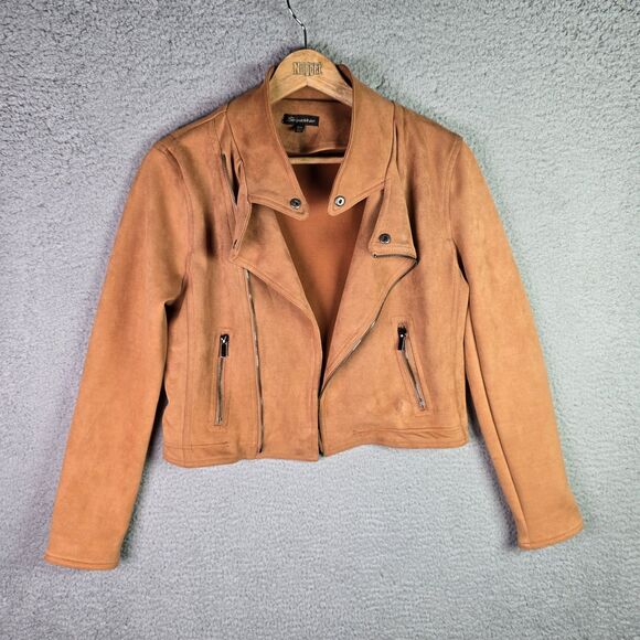 Shinestar Moto Faux Suede Jacket Medium Camel Tan Stretch Cropped Trend Y2K - Picture 2 of 12